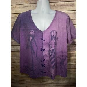 Nightmare Before Christmas Jack & Sally Purple V-Neck Shirt 2XL Gothic Bows Tee